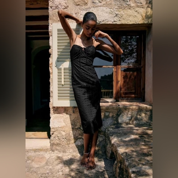 Sezane Dresses & Skirts - NWT Sezane Pearline Dress Black Eyelet Midi Tie Front Size 6